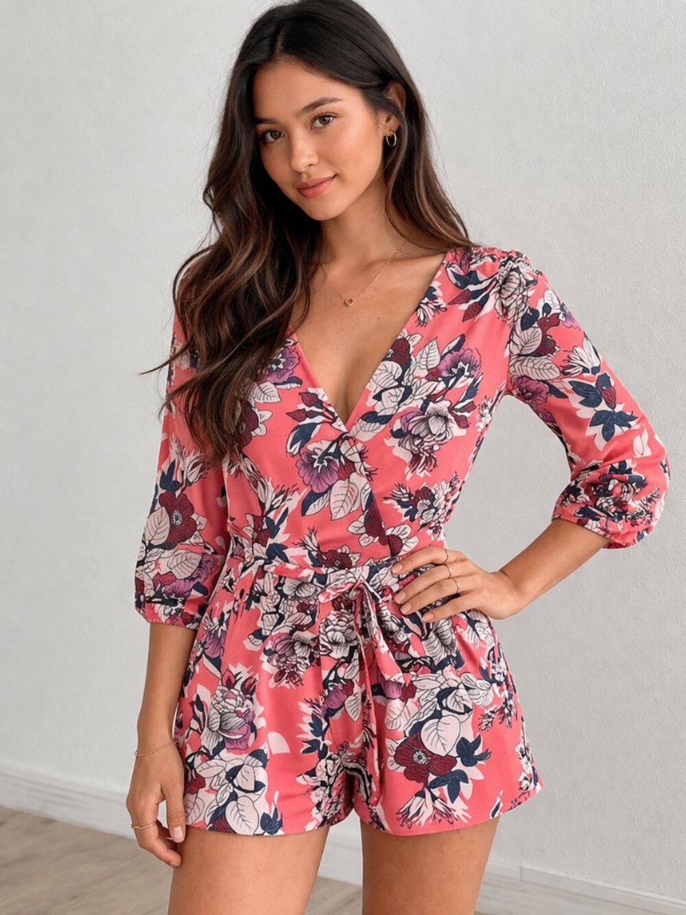 Yumi Kim Liz Floral 3/4 Sleeve Romper Blossom Pink Tie Waist Jumper XS Small - Picture 3 of 15